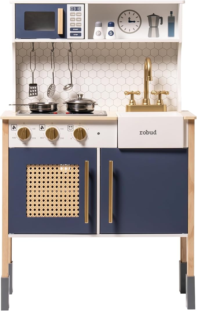 ROBUD Play Kitchen, Wooden Kids Kitchen Playset with Sounds & Lights, Pretend Play Kitchen Set for Toddlers, Gift for Boys & Girls, Vintage Style, 3+ (Gem Blue)