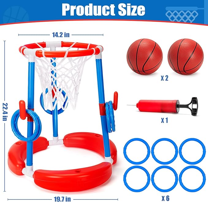 GMAOPHY Pool Basketball Hoop, 2-in-1 Poolside Floating Pool Basketball Game, Swimming Pool Games for Kids Adults Indoor Outdoor Play, Water Play Toy Family Party, Includes Hoop, Balls, Pump