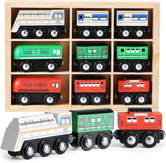 Wooden Train Set 9 PCS - Train Toys Magnetic Set Includes 3 Engines - Toy Train Sets for Kids Toddler Boys and Girls - Compatible with All Major Brands