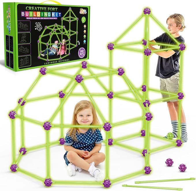 Glow In The Dark Fort Building Kit for Kids,STEM Construction Toys, Educational Gift for 4 5 6 7 8 9 10 11 12 Years Old Boys and Girls,Ultimate Creative Set for Indoor & Outdoors Activity,140 Pcs