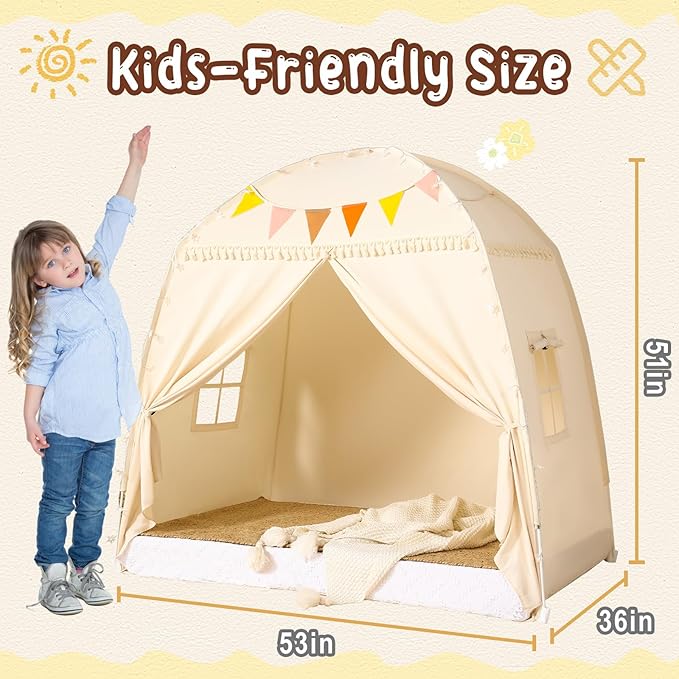 Large Toddlers Bed Tent Canopy: with Lights and Flags for Girls and Boys House Gifts - Monobeach Kids Play Tent Indoor Princess Toys - Portable and Foldable Children Playhouse Outdoor