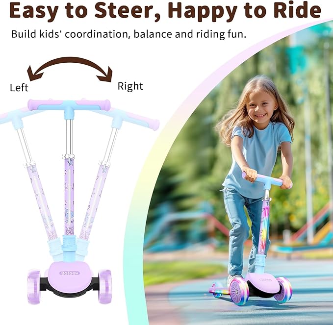 BELEEV A9 Kids Scooter with LED Light-Up Wheels & Deck, 3 Wheel Folding Scooter for Toddlers Girls Boys Ages 3-12, Adjustable Handlebar, Lean to Steer, Extra-Wide Wheels, Kick Scooter for Children