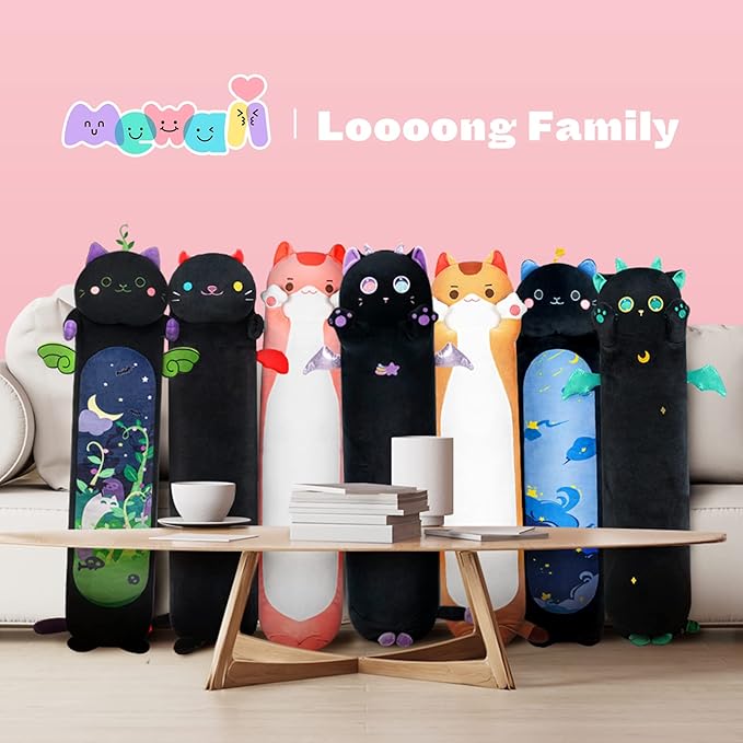 Long Cat Plush Body Pillow, 28” Cute Black Cat Stuffed Animals Soft Plushies, Kawaii Squishy Throw Pillow Doll Toy Gift for Kids Girls Boys