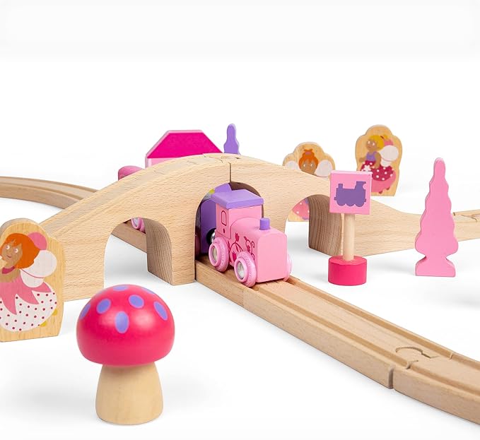 Bigjigs Rail Fairy Figure Of Eight Train Set - 35pc Pink Wooden Railway, Toy Trains & Accessories, Princess Toys For Kids, Compatible With Most Other Rail Brands, 3 Years Old +