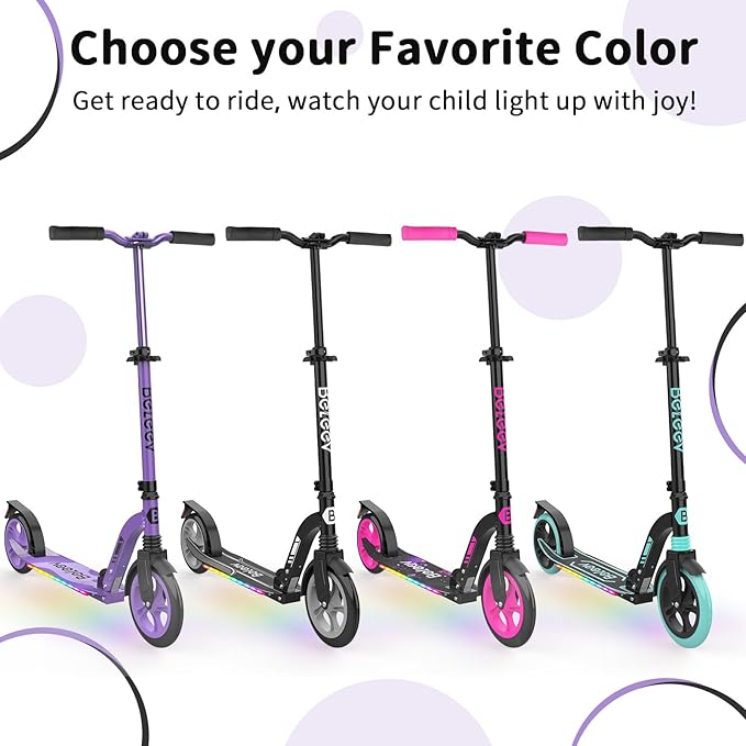 BELEEV V8 Scooters for Kids Ages 6+ with Light-Up Deck, 2 Wheel Folding Scooter for Adults Teens, 4 Adjustable Height, Lightweight Sport Commuter Scooter, Sturdy Frame, Max Load 220 lbs