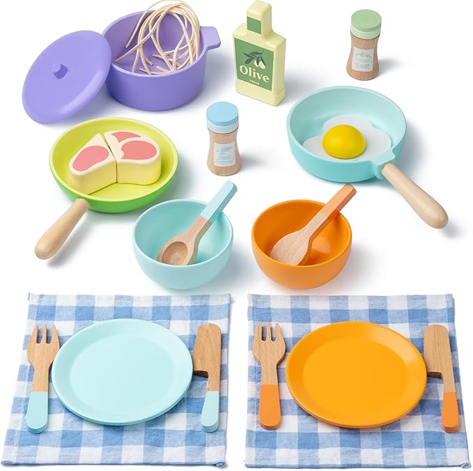Wooden Kitchen Toys for Toddlers, Montessori Pretend Play Kitchen Accessories, Play Food Sets for Kids Kitchen, Pots and Pans Cooking Sets, Gifts for 3 4 5 Years Old Girls Boys