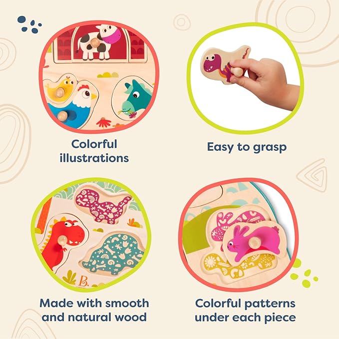 B. toys- Peg Puzzle 2-Pack - Dinos & Farm Animals- Wooden Peg Puzzles- 8 Pieces Each – Classic Toys for Toddlers, Kids – 18 Months +