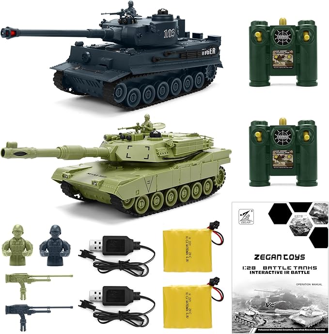 1/28 RC Battle Tank Set Remote Control M1A2 American&WW2 German Tiger Tank, 2.4G 9 Channels Radio Control Army Vehicles That Infrared Shoot, w/Sounds,Lights,Life Indicators, Model Toy Car for Kids