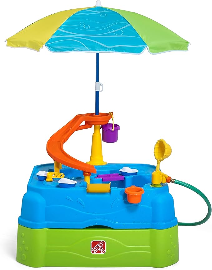Step2 Waterpark Wonders Two-Tier Water Table, Kids Water Activity Sensory Playset, Comes with Umbrella, Summer Outdoor Toys, 11 Piece Water Toy Accessories, for Toddlers 1.5+ Years Old
