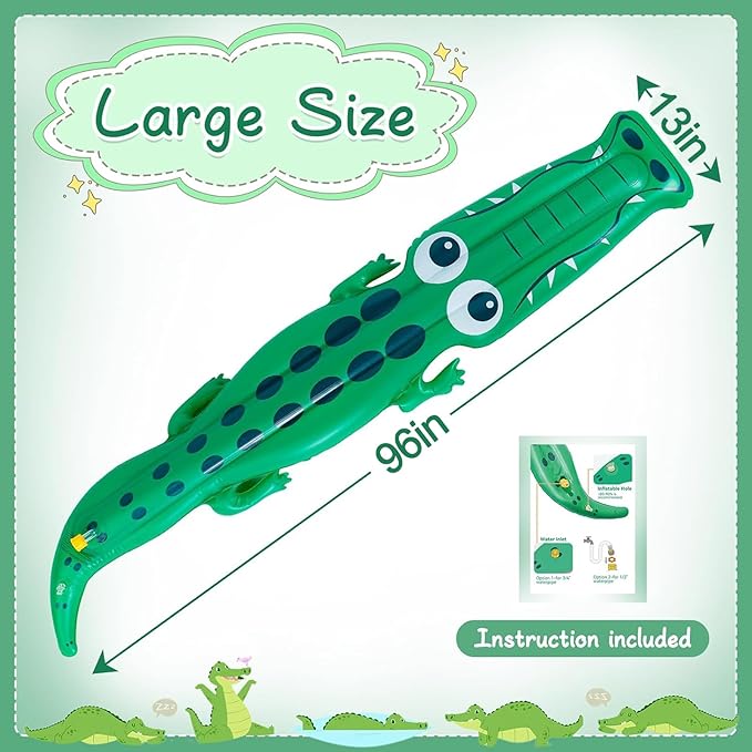 96" x 13" Extra Large Crocodile Sprinkler for Kids - Outdoor Toys Kids Toddler Water Sprinkler for Yard, Attaches to Garden Hose, Durable Inflatable Splashing Fun Toys for Garden Lawn