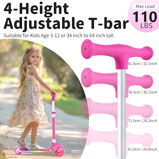 BELEEV A9 Kids Scooter with LED Light-Up Wheels & Deck, 3 Wheel Folding Scooter for Toddlers Girls Boys Ages 3-12, Adjustable Handlebar, Lean to Steer, Extra-Wide Wheels, Kick Scooter for Children