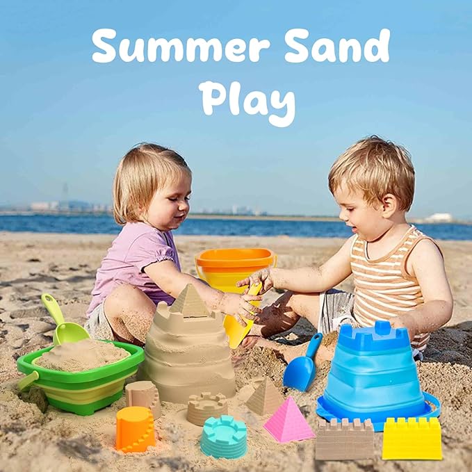 Collapsible Beach Toys Sand Toys for Toddlers 1-3, Beach Toy Sand Toy for Kids Ages 4-8, Collapsible Beach Sand Buckets Toys for Kids, Sandbox Toys for Toddler with Castle Sand Mold Shovel