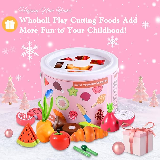 WHOHOLL Wooden Play Food Toys for Kids Kitchen Playset, Play Kitchen Accessories with Apron Pretend Cutting Food Montessori Toys for 3+ Year Old Girls and Boys