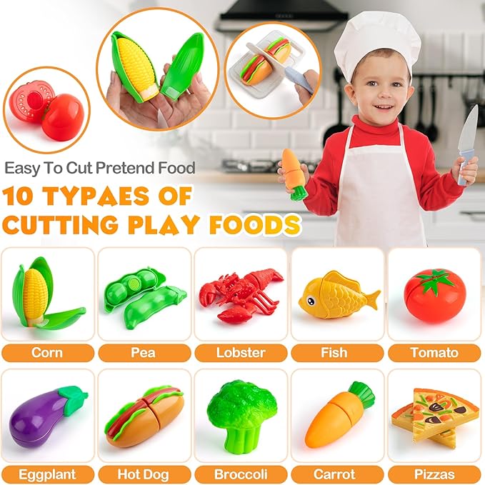 42Pcs Play Kitchen Accessories, Pretend Play Kids Kitchen Playset Toys with Cookware Pots and Pans, Cooking Utensils, Play Food Sets, Preschool Learning Education Toys Gift for Toddlers Girls Boys