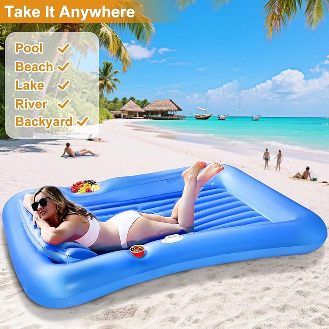 Inflatable Tanning Pool Lounger Float with Sprinkler, 71" x 47" Large Pool Floats Adult with Pillow Cooler Tray, 6 in 1 Suntan Tub Raft Floatie Sunbathing Bed Water Summer Backyard Fun L-Blue