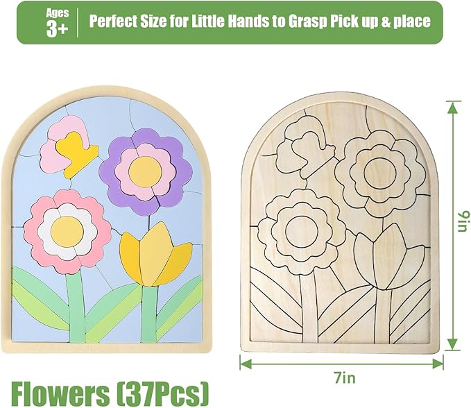 Kids Puzzles Ages 3-5, Wooden Puzzles for Toddlers 3-5, Color Shapes Puzzles for Kids Ages 4-6, Toddler Puzzles Montessori Toys for 3 Year Old, Great Gifts for 3+ Year Olds (Flowers)