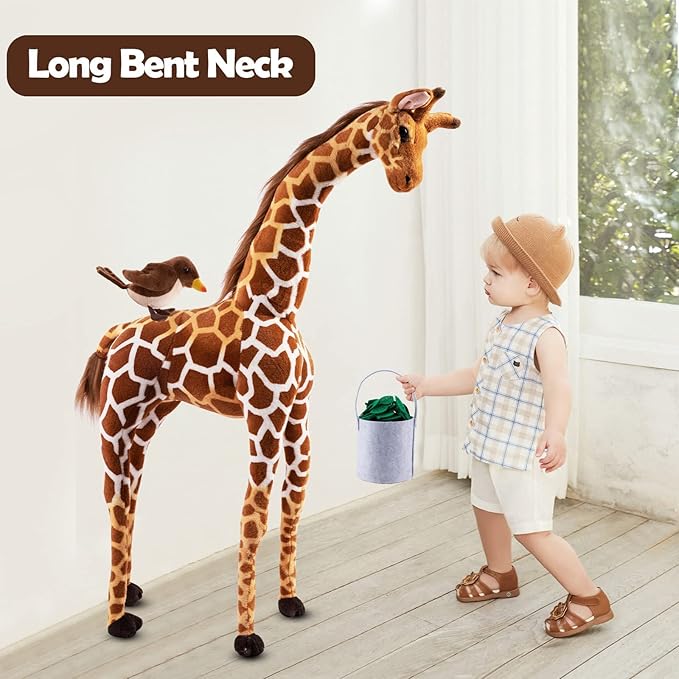 Giant Stuffed Giraffe Animal Set, 47 Inch Large Giraffe Plush Toy for Kids with Bird & Basket & Leaves & Card, Toddler Lifelike Standing Toys Stuffed Animal Gift for Girls Boys