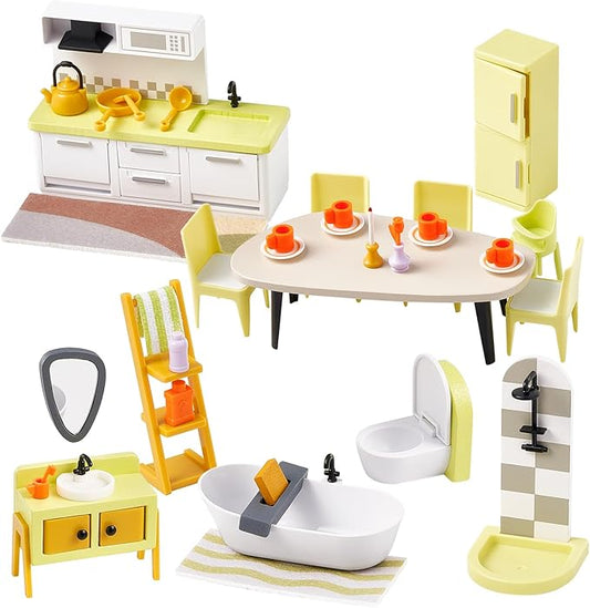 Giant bean 37pcs Green Wooden Plastic Dollhouse Furniture Kitchen and Bathroom Set, Modern Wood Dollhouse Accessories Pretend Play Furniture Toys for Boys Girls Toddlers & Kids 3+