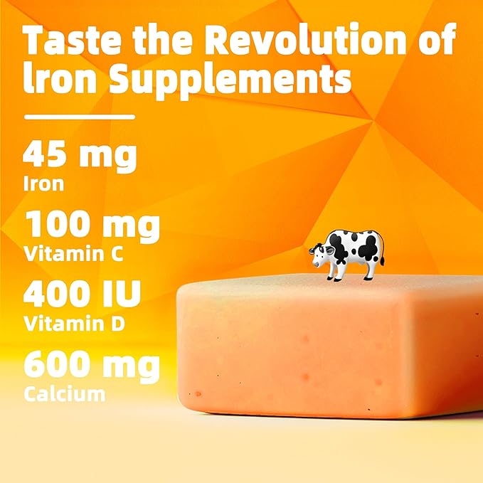 Iron Soft Chews Supplement with Vitamin C | Orange Flavored | Gluten Free | Iron Supplement for Women Men and Kids | 60 Count | 2 Month Supply