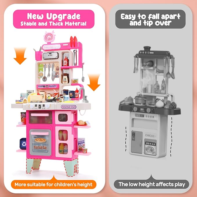 CUTE STONE Kids Kitchen Playset, Play Kitchen Set with Sound & Light, Cooking Stove with Steam, Toy Sink,Play Food Toy and Kitchen Accessories for Pretend Play, Kitchen Toy Set for Toddler Girls, Pink