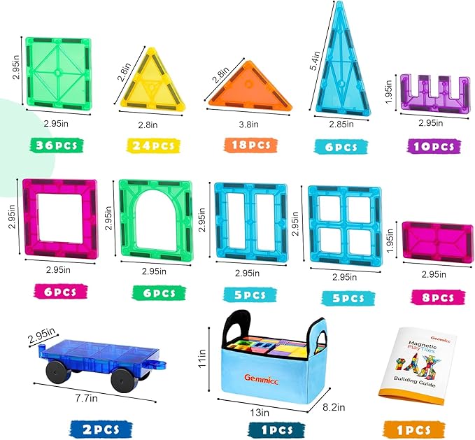 Gemmicc Magnetic Tiles, 126 PCS + Storage Case, STEM Building Blocks Magnet Toys for Kids,Educational Building Toy Stacking Blocks for Boys Girls,Huge Set with 2 Cars