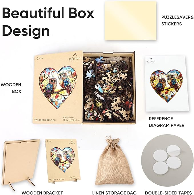 Stained Glass Heart Owls 500 Pieces Wooden Puzzles for Adults Unique Irregular Shape Fun Challenging Birds Puzzles for Kids and Couples on Birthday,Mother’s Day,Christmas 16.7"x16.5"