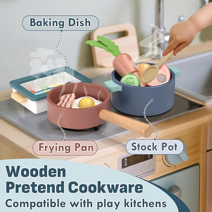 Lehoo Castle Wooden Play Kitchen Accessories, Play Pots and Pans Sets for Kids, Play Food Sets for Kids Kitchen, Montessori Food Toys for Toddlers 3-5, Gifts for Girls Boys