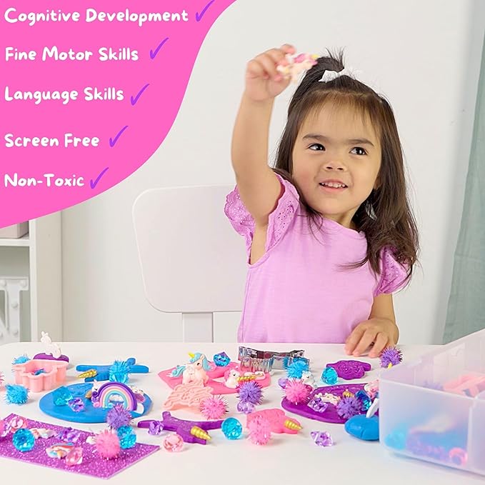 Unicorn Sensory Dough Kit (3 Jars) Non-Toxic Dough with Unicorn Cutters, Charms, Rainbow, Pom Poms, Diamonds, Gems, and Stackable Storage - Perfect for Creative Play and Gift for Kids