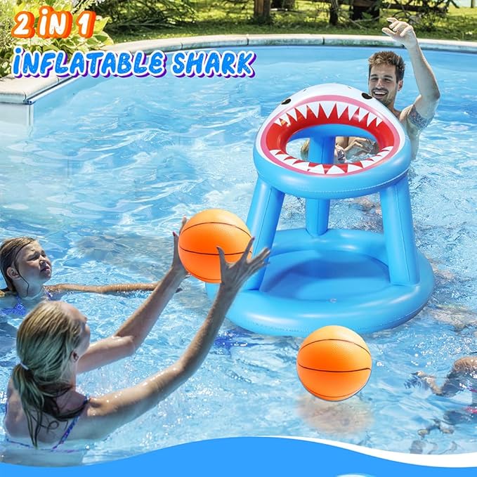 Pool Basketball Hoop Games Toys, Floating Inflatable Pool Shark Games Indoor/Outdoor for Kids Adults with 1 Basketball