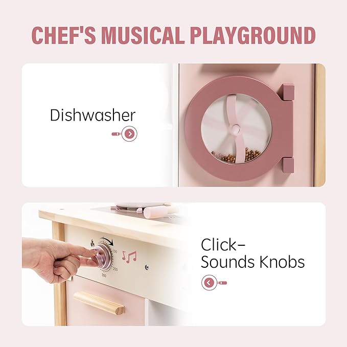 ROBOTIME Wooden Play Kitchen Set, Pretend Play Kitchen Set for Kids with Realistic Design, Kids & Toddlers Kitchen Playset with Dishwasher, Toy Kitchen Set for Boys and Girls Ages 3+ (Pink)