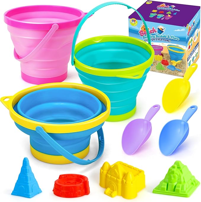 TOY Life Beach Toys for Kids Ages 4-8 Collapsible Sand Toys Toddlers with Silicone Bucket Shovels & Sand Castle Building Kit Molds, Sandbox Toy Travel, Beach Party, Fishing, Summer Activities