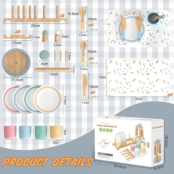 IIFONII 33PCS Kids Kitchen playset Wooden Kitchen Set for Girls and Boys, Montessori Toys for 1-6 Year Old Toy Dishes Baby Kitchen Set, Pretend Wooden Play Kitchen Accessories Toys for Toddlers