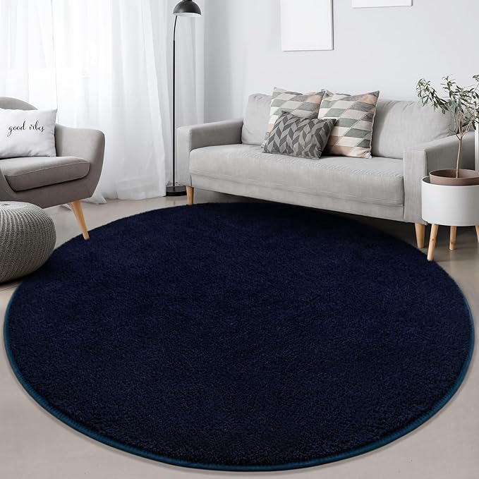 FlyDOIT Round Area Rugs for Bedroom Living Room, 4x4 Navy Blue Super Soft Comfy Thickened Memory-Foam Indoor Circle Carpets, Modern Aesthetic Minimalist Carpet for Boys Girls Adults Nursery Home Décor