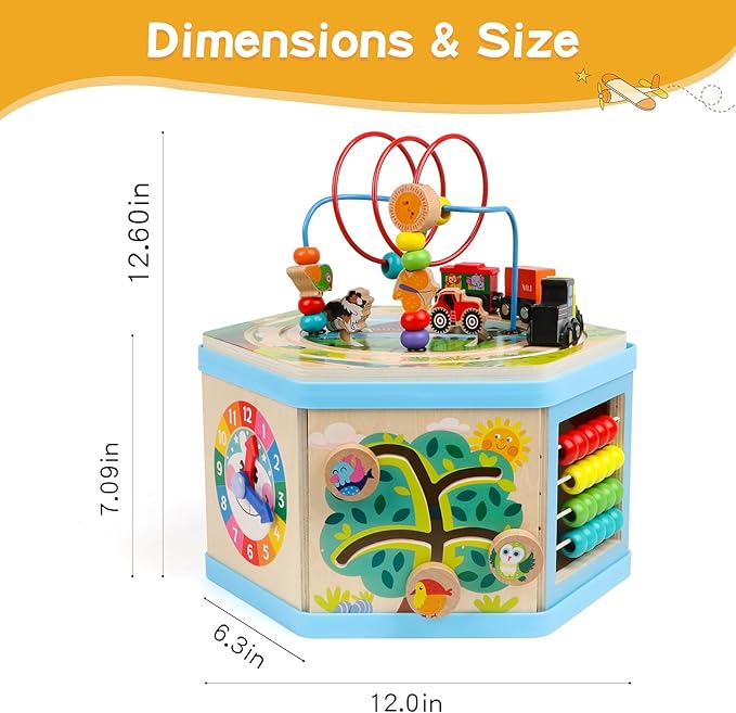 Wooden Activity Cube 9-in-1 Montessori Toys for 1+ Year Old Boys Girls Educational Learning Toys for Toddlers Age 1-2 One Year Old First Birthday Gift Bead Maze Magnetic Trains Track Shape Sorter