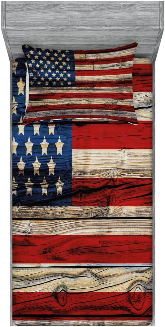 Ambesonne 4th of July 2 Pack Fitted Sheet & Pillow Sham Set, Wood Planks Flag, 4 Pcs Bedding Decor, Package Contains 2 Twin Size Fitted Sheets & 2 Pillow Covers, Red Beige Navy Blue