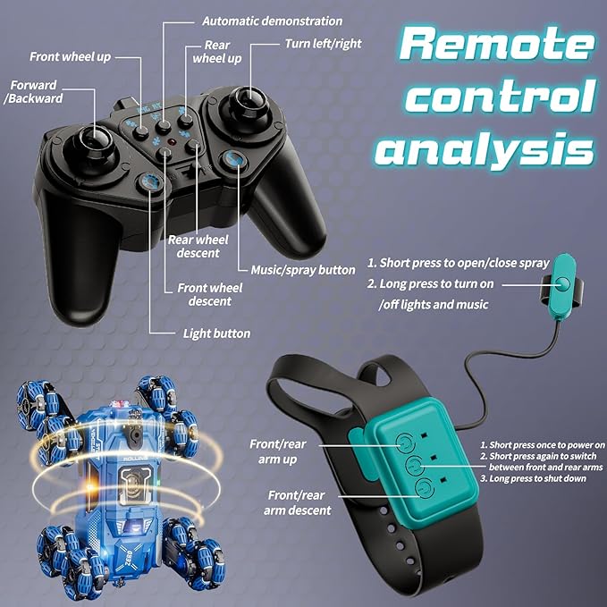 Cool 8 Wheel Gesture Control RC Stunt Car , Birthday Toys Gifts for 6 7 8-12 13 14 Year Old Boys , 2.4Ghz Hand controlled Remote Control Transform Drift Cars , Double Sided Climbing with Music & Spray