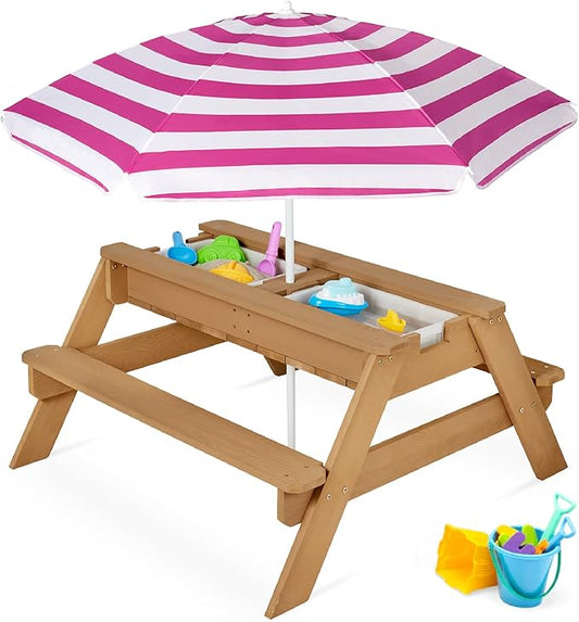 Best Choice Products Kids 3-in-1 Sand & Water Table, Wood Outdoor Convertible Picnic Table w/Umbrella, 2 Trays, Removable Top, 220lb Capacity Per Bench - Natural/Dark Pink