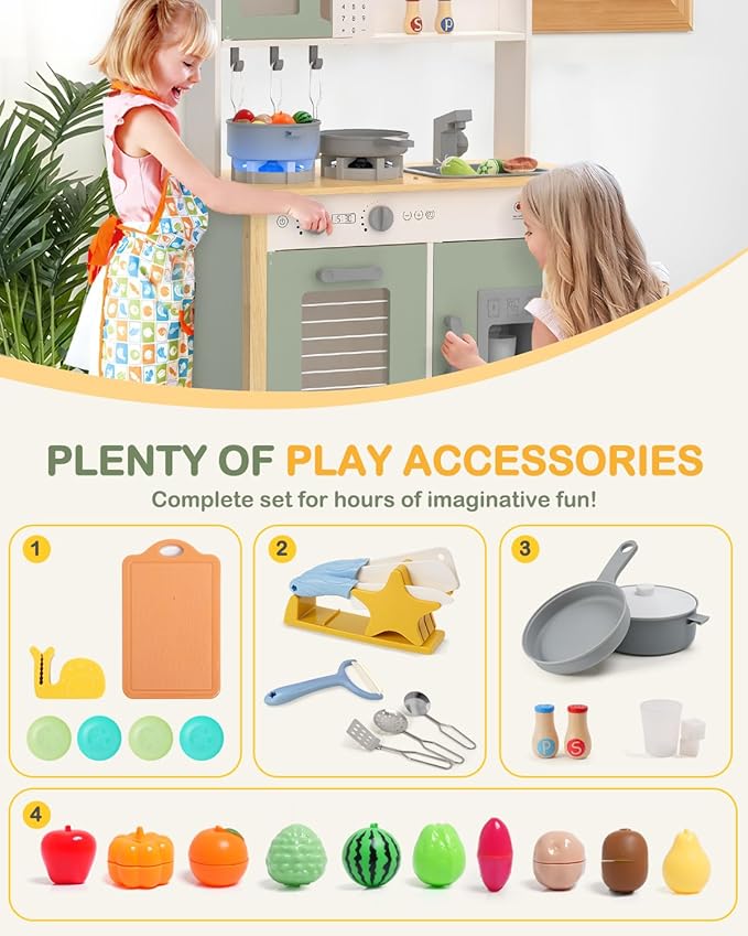 Babytronic Kids Play Kitchen, Wooden Kitchen Playset for Kids Ages 3+ with Real Lights, Sounds, Stove, Sink, Oven, and 30 Pcs Accessories, Toys Kitchen Small Pretend Play Kitchen for Toddlers (Green)