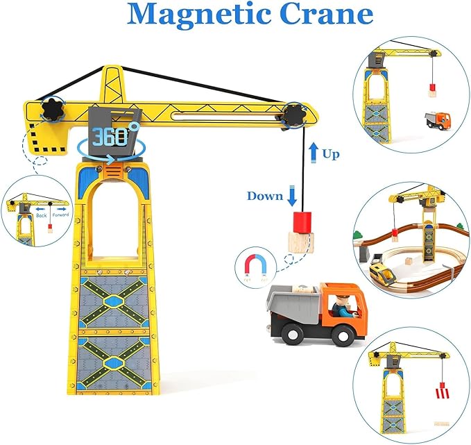 Giant bean 72PCS Tower Crane Wooden Train Set, Battery Operated Electric Train Track for Boys and Girls 3-7, Christmas Birthday Toy Gift