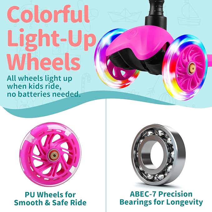 BELEEV A1 Scooter for Kids Ages 2-6, 3 Wheel Kick Scooter for Toddlers Girls Boys, Light up Wheels, Adjustable Height, Lean to Steer, Non-Slip Deck, Lightweight Push Scooter for Children