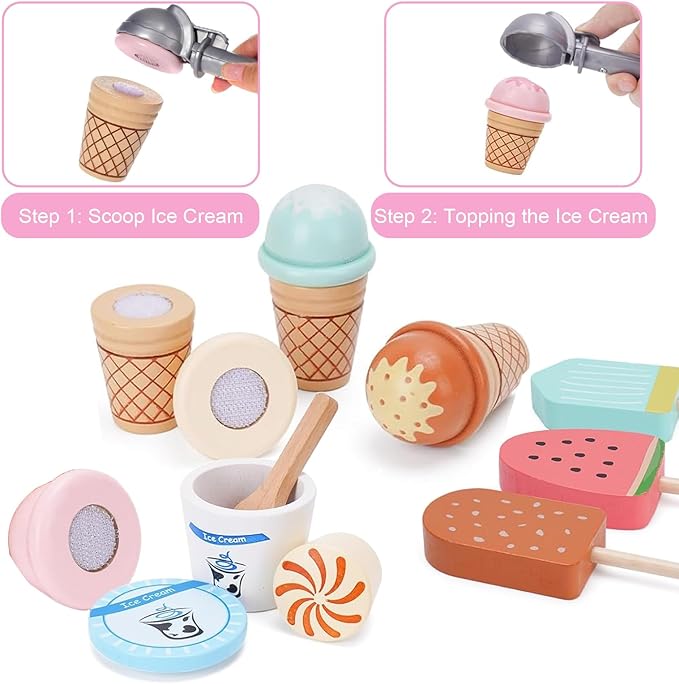 Wooden Ice Cream Toys for Kids Toddler,Ice Cream Counter Shop Pretend Play Toy Food Kitchen Accessories,Play Food Scoop and Serve, Play Kitchen Sets for Kids,Christmas Birthday Gift for Girls Boys