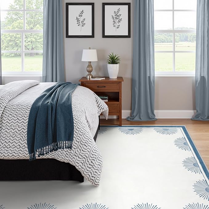 Modern White Rug 8x10, Low Pile Machine Washble Area Rugs, Soft Non Slip Rug for Bedroom,Sun Print Floor Carpet for Dining Room Table Living Room(8'x10',White/Blue)