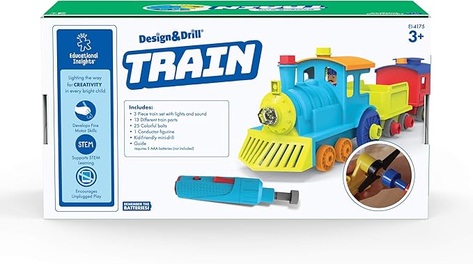 Educational Insights Design & Drill All Aboard Train, 30 Piece Take Apart Toy with Electric Drill Toy, STEM Toy, Gift for Boys & Girls, Ages 3+