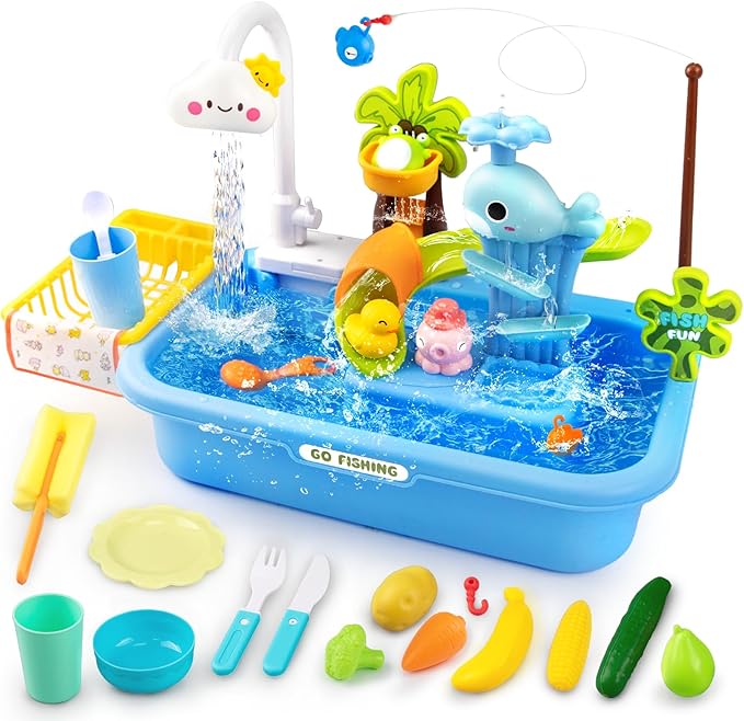 Play Sink with Running Water,Toddler Sink Toy with Automatic Water Cycle System,Sink Fishing Game Toy with Food Kitchen Accessories,Kids Role Play Dress Up Dishwasher Toys for Boys and Girls Present