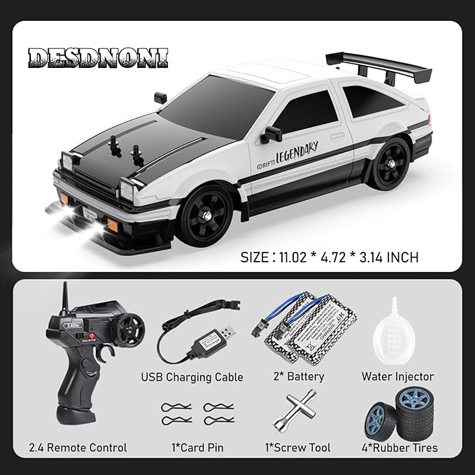Remote Control Car RC Drift Car 1:16 Scale 4WD 18KM/H High Speed Model Vehicle 2.4GHz with LED Lights Spray Rubber Tire Racing Sport Toy for Adults Boys Girls Kids Gift 2Pcs Rechargeable Batteries