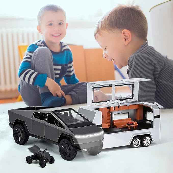 INGQU® Toy Car Alloy Diecast Pick-up Truck Model with RV & Motorcycle with Sound and Light Race Car Display Model Metal Pull-Back Vehicle 3-in-1 Camping Car Set Ideal Gift for Boys Kids Age for 3+