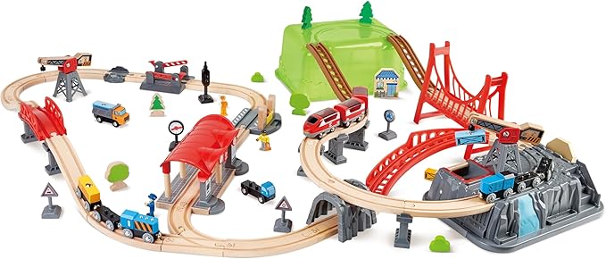 Hape Railway Bucket Builder Set | 50-Piece Multi-Color Wooden Train Set Toy, Construction Building Kit for Kids