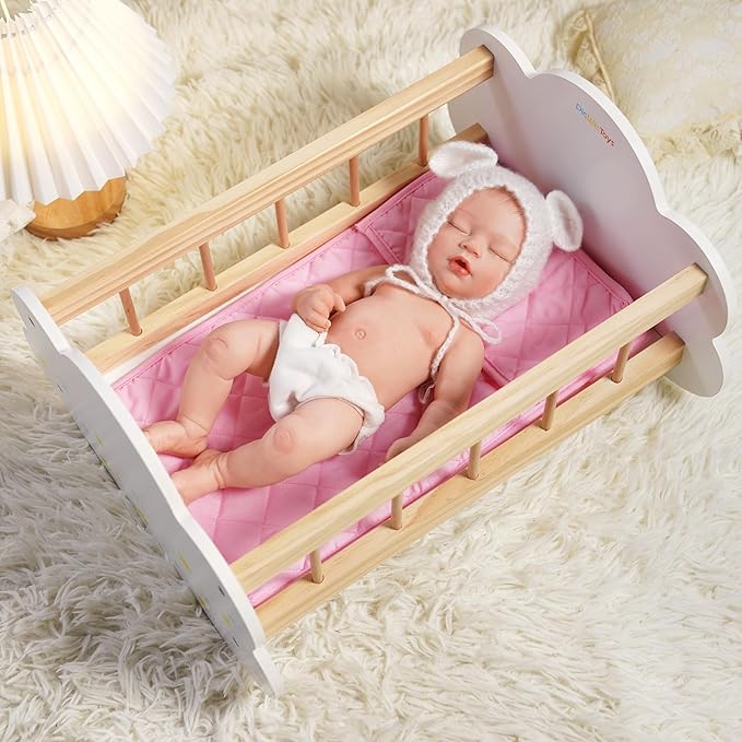 BABESIDE Wooden Baby Dolls Bed for 12-16 Inches Doll, Rocking Babys Doll Crib, Sleep Bed, Baby Dolls Accessories Furniture fit Newborn Dolls Boys&Girls
