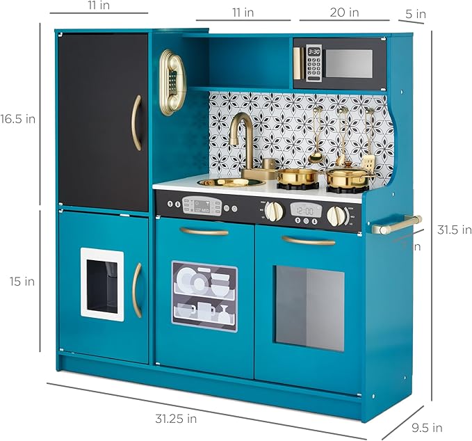Best Choice Products Pretend Play Kitchen Wooden Toy Set for Kids w/Realistic Design, Telephone, Utensils, Oven, Microwave, Sink - Teal