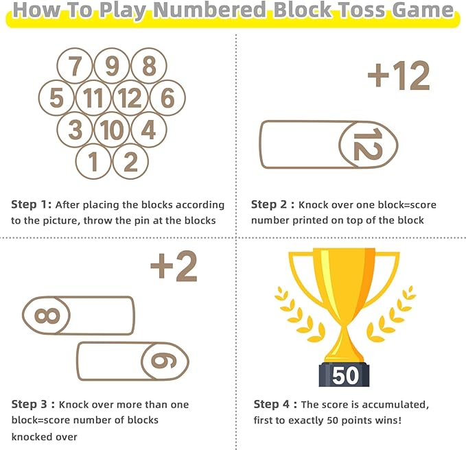 Gorock Numbered Block Toss Games, Wooden Bowling Throwing Game Set with Scoreboard & Carrying Bag, Giant Outdoor Backyard Lawn Games for Kids Adults Family